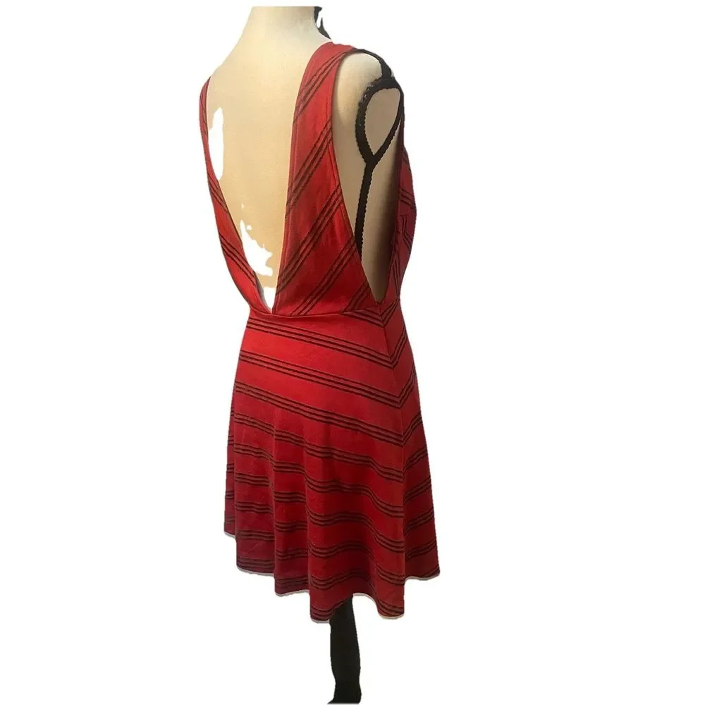 Free People Striped Up Skater Dress Red Rust Chevron Mini Low Back Boho Textured - Picture 2 of 10